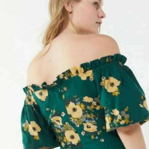 NWOT URBAN OUTFITTERS FLORAL PRINTED RUCHED MINI OFF THE SHOULDER DRESS GREEN - Picture 10 of 13